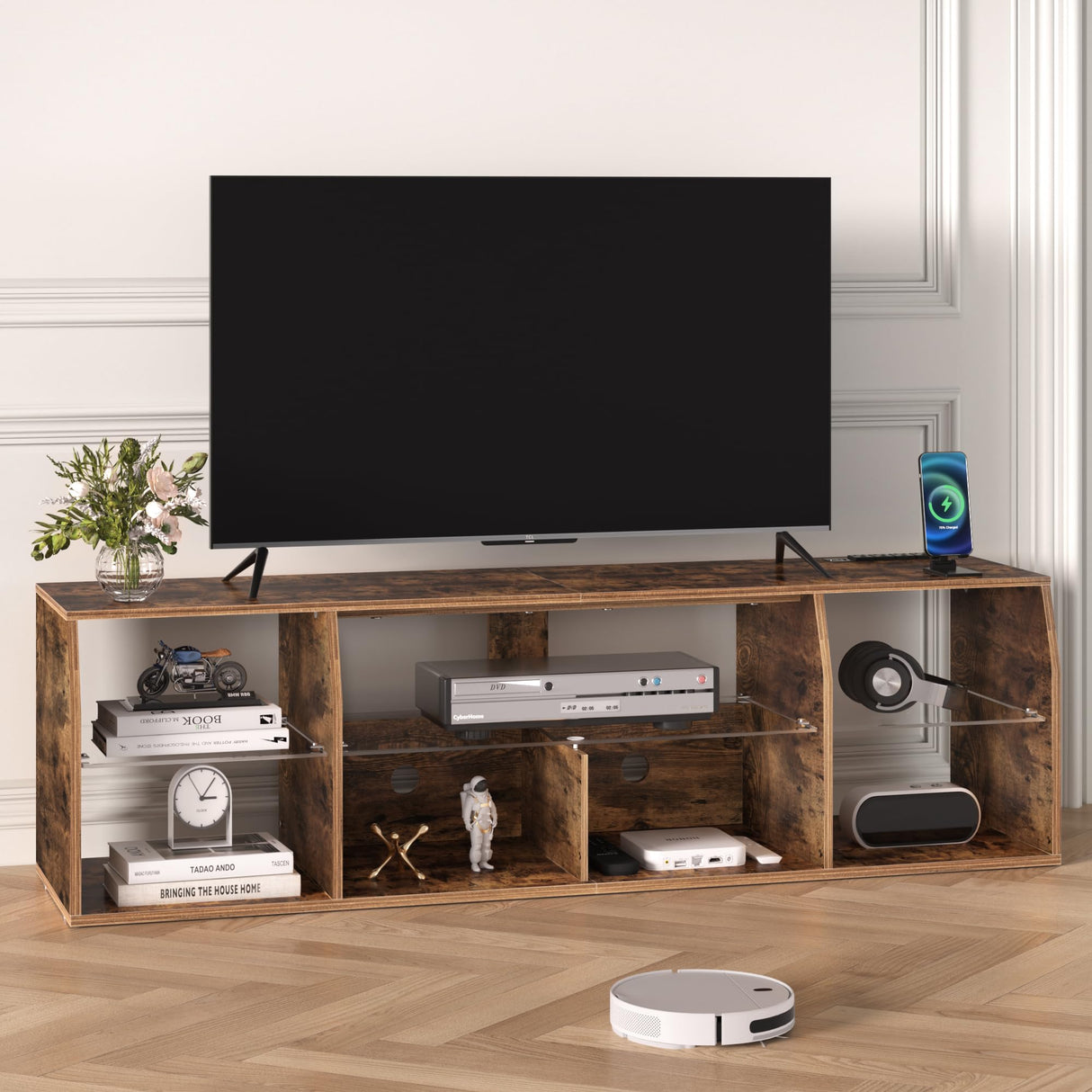 VECELO LED TV Stand for 70 inch, Entertainment Center with Power Outlets, Industrial Television Cabinet with 7 Open Storage Shelves, for Living Room and Bedroom, Retro Brown, 70inch VECELO