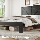 PAUKIN King Size Wooden Bed Frame with Headboard, Rustic Farmhouse Platform Bedframe with Metal Slat Support, Under Bed Storage Space, Easy Assembly, Noisy Free (Black, King) PAUKIN