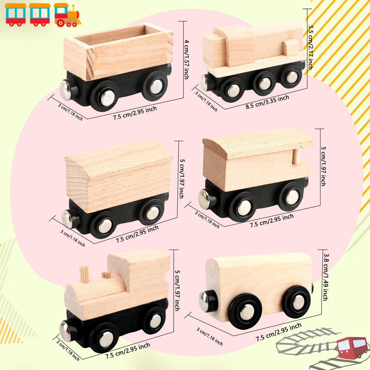 Hoarost 18 Pack Unfinished Wooden Cars Unpainted Magnetic Wood DIY Crafts Trains Car for DIY Craft Activities Birthday Gift (Color Set 2) Hoarost