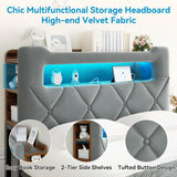 Queen Upholstered LED Bed Frame with 2 Storage Drawers and 2-Tier Storage Headboard, Velvet Platform Bed with Charging Station & Bookcase, Heavy Duty Metal Support, No Box Spring Needed, Grey Jocoevol