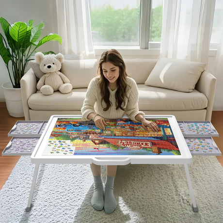 Lifewit 1500 Piece Puzzle Table with Foldable Legs, Divided Drawers, Extra Felt Trays, Protective Cover, 33.3" x 25.4", ABS Plastic, White Lifewit