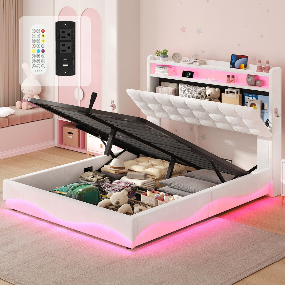 BTHFST Lift Up Storage Twin Bed Frame with Charging Station, LED Lights Storage Headboard with Hidden Cubby, Velvet Upholstered Princess Twin Bed with with Hydraulic Storage, for Girls, Creamy White BTHFST