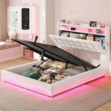 BTHFST Lift Up Storage Twin Bed Frame with Charging Station, LED Lights Storage Headboard with Hidden Cubby, Velvet Upholstered Princess Twin Bed with with Hydraulic Storage, for Girls, Creamy White BTHFST