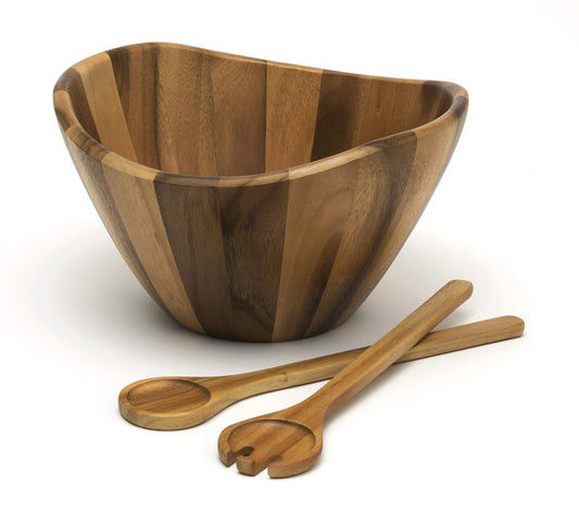 Lipper International Acacia Large Wave Bowl with Servers, 162.31 fl.oz.,Brown