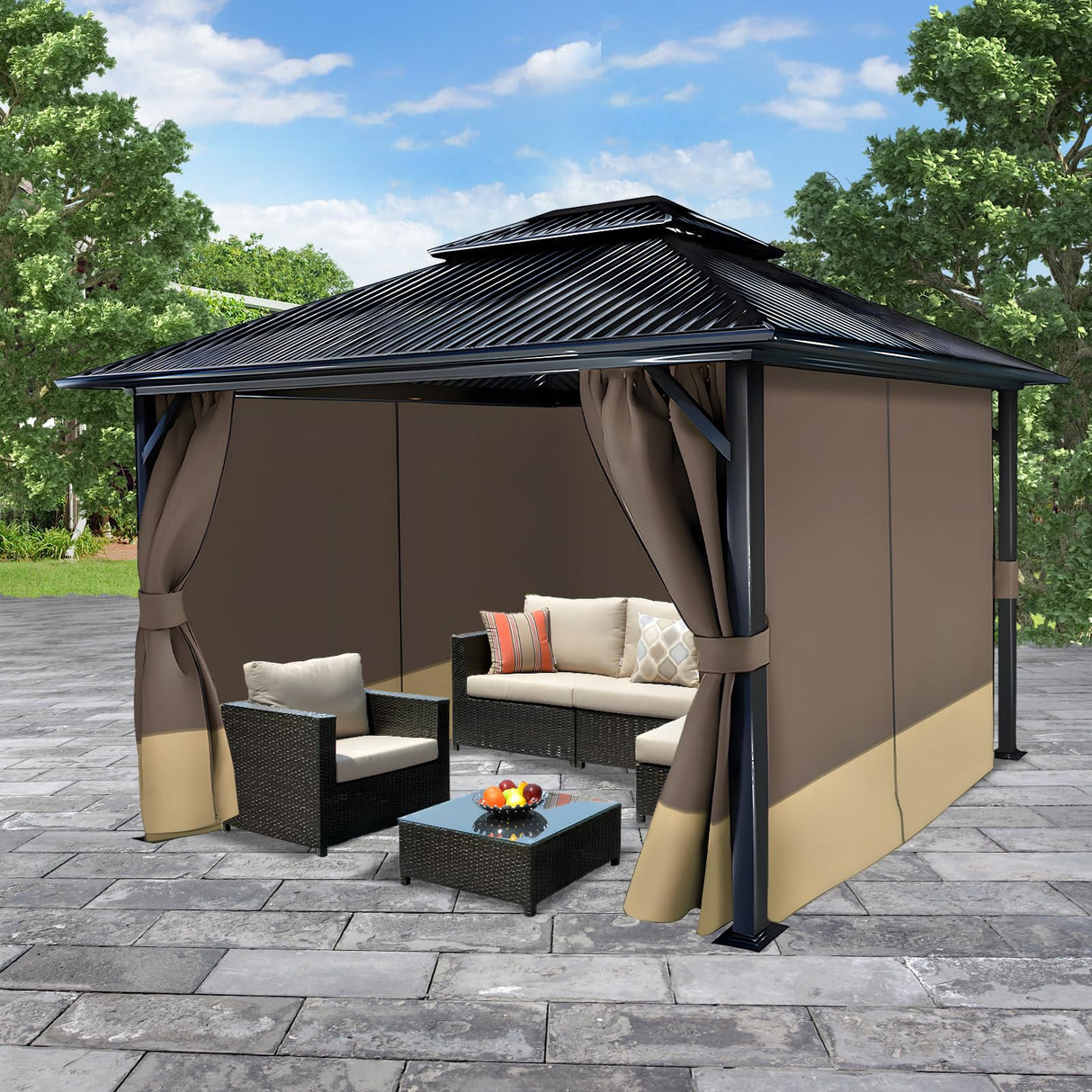 COWVIE 4-Panel 12' x 14' Gazebo Replacement Curtains, Patio Privacy Sidewalls with Double Zipper, Replacement for Outdoor Gazebo Canopy (Curtain Only) COWVIE