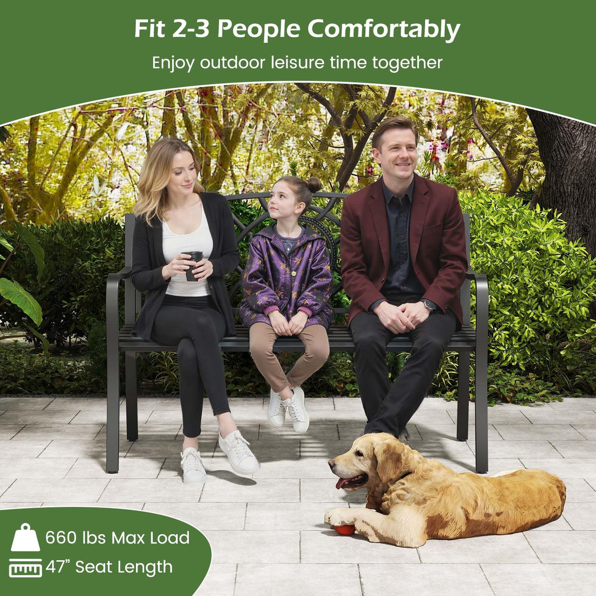 Giantex 50.5” Outdoor Bench with Metal Frame, Floral Design Cast Iron Backrest, Slatted Seat, Adjustable Foot Pads, Load 660Lbs, Garden Bench for Outside Patio Backyard Porch Park, Black Giantex