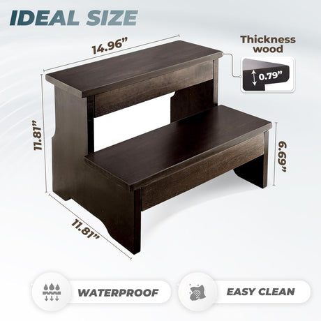 FANATU Wooden Two Step Stool - Heavy Duty 2 Step Stool for Adult and Kids - Holds up to 450Lb for Kichen/Bathroom/Bedside Step Stool (Walnut) FANATU