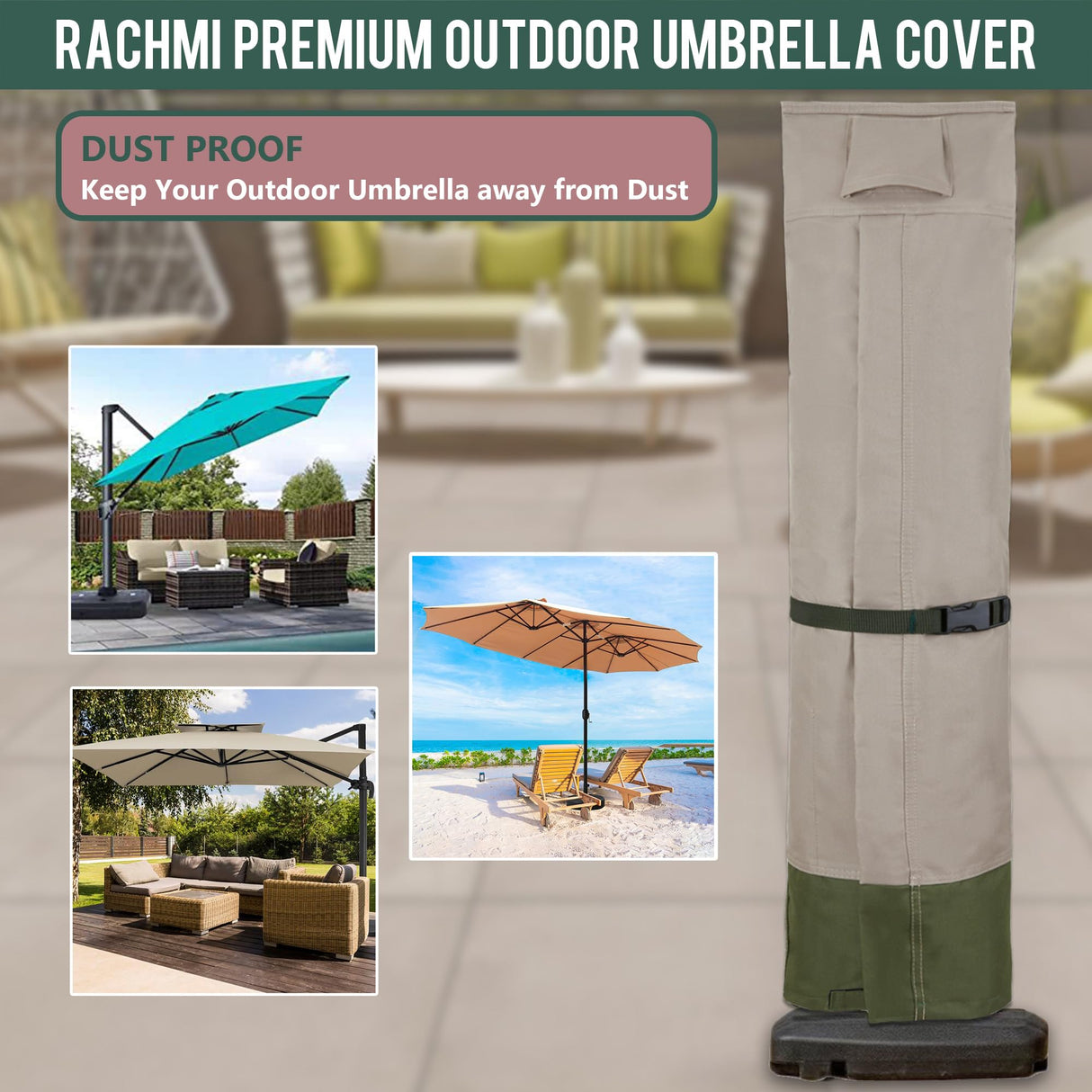 Rachmi Patio Cantilever Umbrella Cover for 9-13 Ft Umbrellas, 600D Water-resistant UV & Fade Resistant Cover Fits Round / Square Outdoor Garden Offset Parasol with Zipper & Rod, Khaki-Green Rachmi