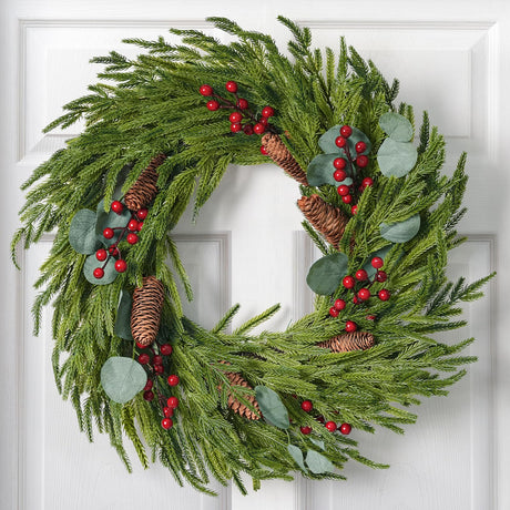 Christmas Decorations - 22 Inch Artificial Norfolk Pine Christmas Wreath with Pine Cones, Eucalyptus, and Red Berries Perfect for Front Door - Indoor Outdoor Holiday Decor for Mantle, Wall, Window Zesua