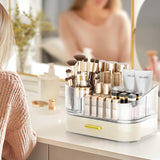 Delamu Makeup Organizer for Vanity with Stackable Drawers, 360 Rotating Makeup Brush Holder Large Cosmetic Display Case for Dresser, Bathroom Countertop Skincare Organizers and Storage, Elegant White Delamu