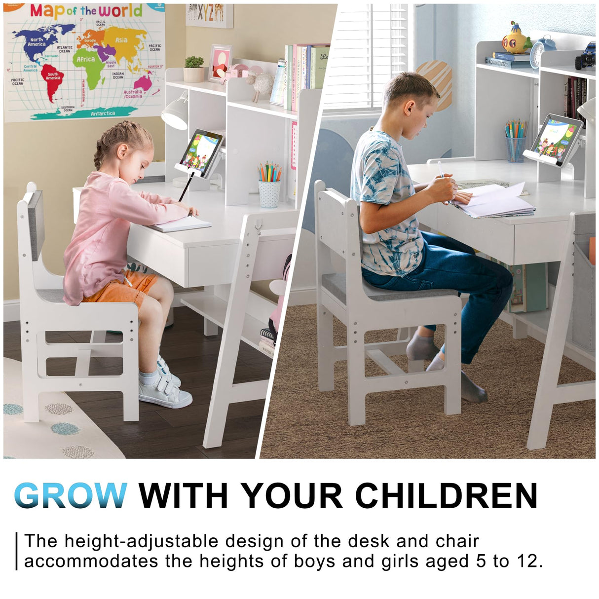 GDLF Kids Study Desk and Chair Set, Adjustable Children Study Table with Chair, Kids Wooden Study Desk with Hutch, Drawers, Book Stand, Whiteboard and Fabric Storage Bag for 5-12 Years Old GDLF