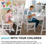 GDLF Kids Study Desk and Chair Set, Adjustable Children Study Table with Chair, Kids Wooden Study Desk with Hutch, Drawers, Book Stand, Whiteboard and Fabric Storage Bag for 5-12 Years Old GDLF