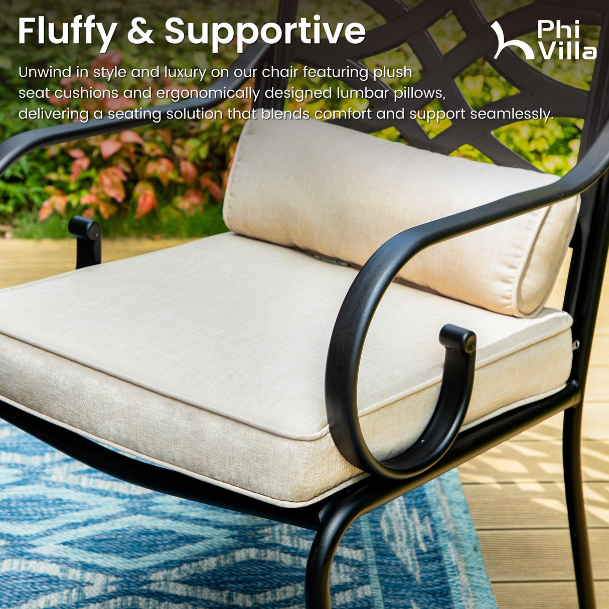 PHI VILLA Outdoor Patio Dining Set for 6 People with 15ft Umbrella(Beige),Includes 6 Outdoor Swivel Chairs with Cushions and a Metal Rectangular Table, Perfect for Garden, Lawn, or Deck PHI VILLA