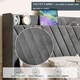 SUNLEI Bed Frame with Wingback Storage Headboard, Queen Size Bed Frame with Charging Station and Velvet Fabric, Strong Wood Slats, Easy Assembly, No Box Spring Needed, Light Grey SUNLEI