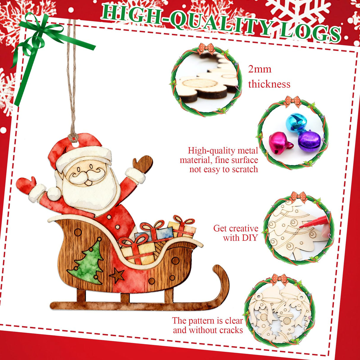 SPOKKI 108PCS Wooden Christmas Ornaments Unfinished to Paint, 12 Styles DIY Blank Wood Slices for Crafts, Christmas Tree Hanging Decorations, Holiday DIY Art Craft Kit for Kids and Adults SPOKKI