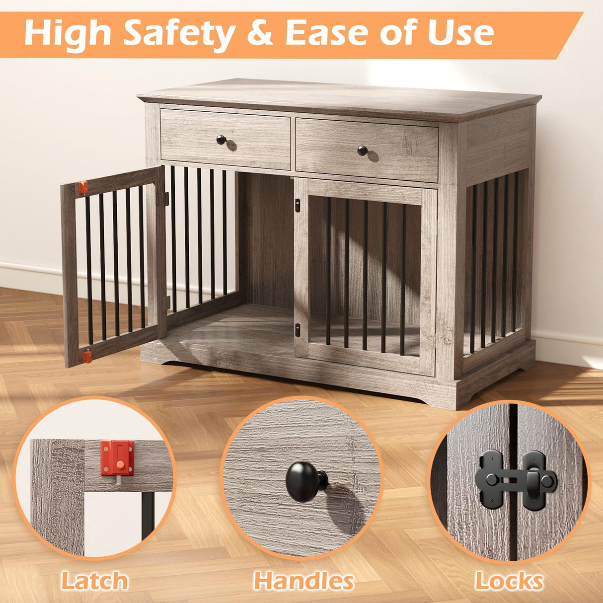 Dog Crate Furniture, 44 Inch Wooden Dog Kennel Furniture Indoor with 2 Storage Drawers, Heavy Duty Large Dogs Crate Furniture, Cage & House Furniture for Small Medium Large Dogs, Grey VENDORZ