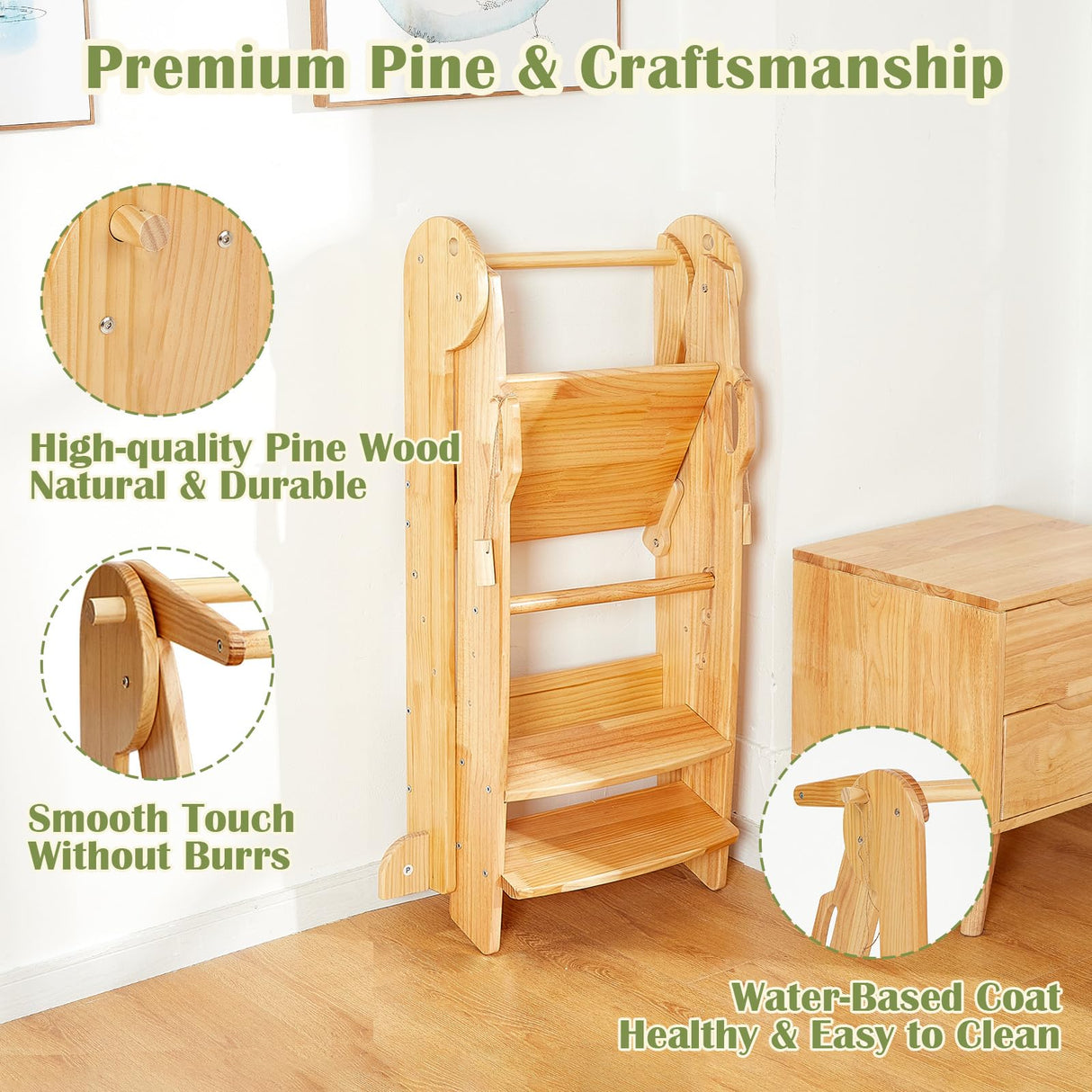 FUNLIO Foldable Kitchen Step Stool with Safety Rails, 3-Level Height Adjustable Toddler Tower for Kids 2-6 Years, Montessori Child Standing Tower for Learning, Easy to Assemble, CPC Approved - Natural FUNLIO