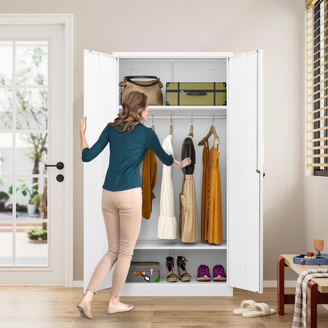 Metal Wardrobe Cabinet with Hanging Rod & Lock,White Armoire Wardrobe Closet,Metal Clothing Storage Cabinet with Adjustable Shelves and Doors,72" Armoire Storage Cabinets for Home,Living/Laundry Room SISESOL