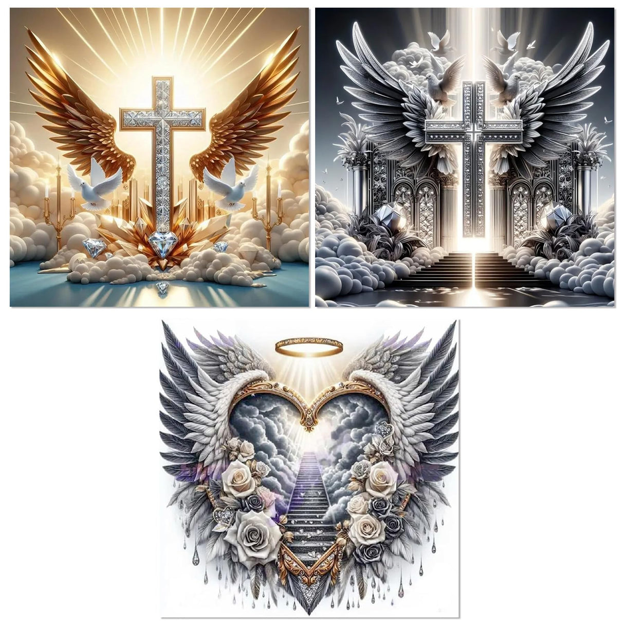 Ekuxom 3 Pack Cross Diamond Art Kits for Adults, Glow Christian Diamond Painting Kits for Adults, DIY Full Round Drill Diamond Dot Gem Art Kits for Home Wall Decor 14x14inch Ekuxom