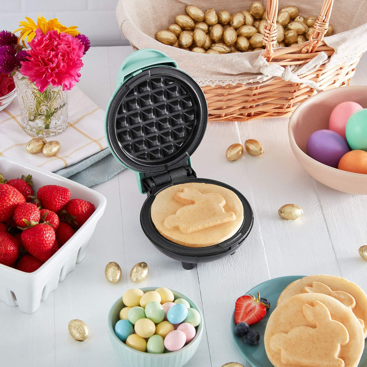 DASH Mini Waffle Maker - 4” Waffle Mold, Nonstick Waffle Iron with Quick Heat-Up, PTFE Nonstick Surface - Perfect Mini Waffle Maker for Kids and Families, Just Add Batter (Aqua) DASH