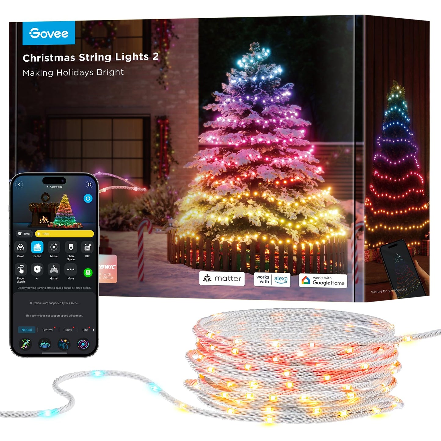 Govee Christmas Lights 2, RGBWIC 164FT 500LEDs LED String Lights for Christmas Decor, Smart Indoor Outdoor Christmas Tree Lights with Shape Mapping Function, 130+ Scene Modes, APP Control, Clear Wire