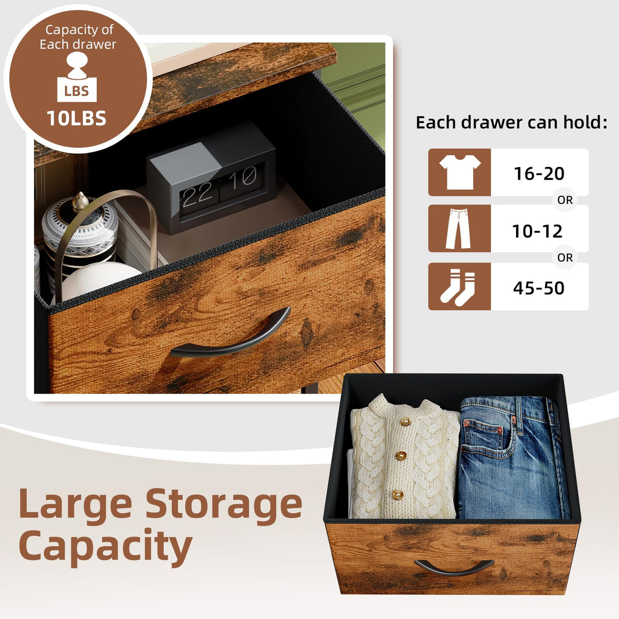 Somdot Tall Dresser for Bedroom with 5 Drawers, Storage Organizer Chest of Drawers with Removable Fabric Bins for Closet Bedside Living Room Laundry Entryway Hallway, Wood Grain Print Somdot