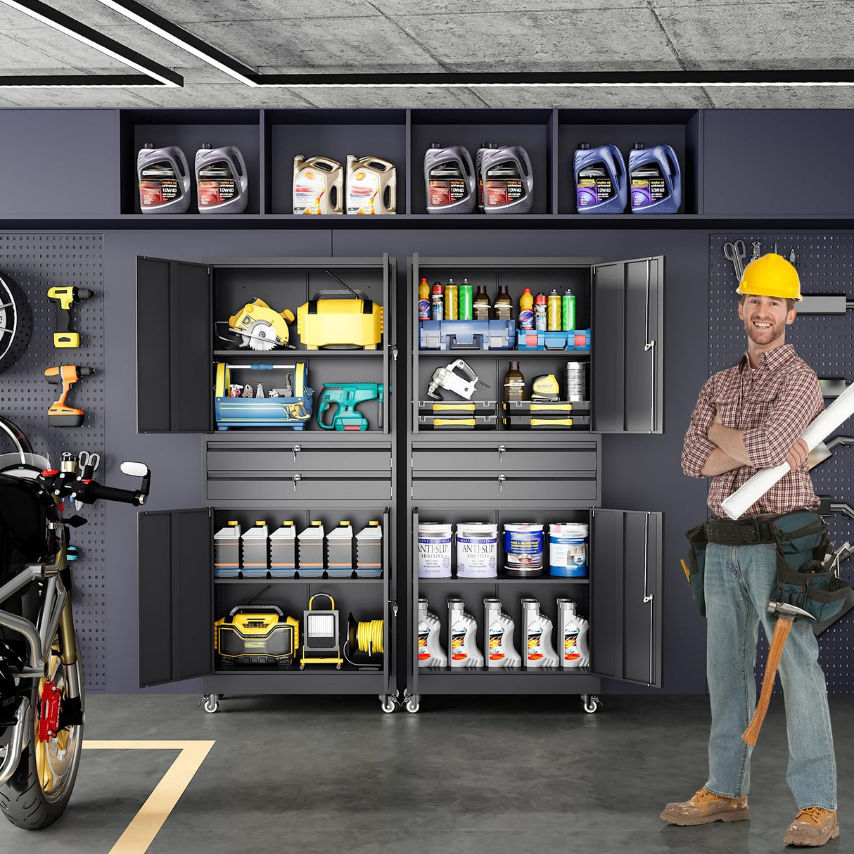 Yizosh Metal Garage Storage Cabinet with Locking Doors and Adjustable Shelves, Rolling Tool Storage Cabinet with 4 Wheels and 2 Drawer - 74" Steel Locking Cabinet for Garage, Warehouse Yizosh