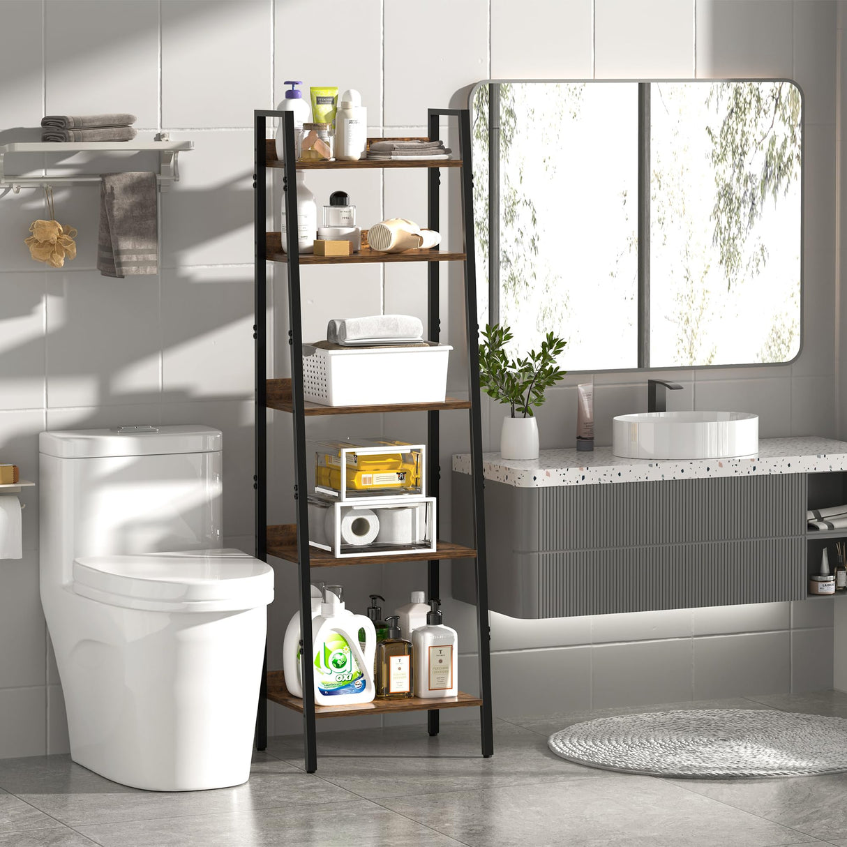 Bookshelf, Ladder Shelf with Steel Frame, 5-Tier Industrial Bookcase, Narrow Tiered Shelf for Small Space, Corner Shelf for Living Room, Home Office, Kitchen, Bedroom, Bathroom（Rustic Brown & Black） Homedawn