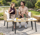 DWVO 2-Seater Outdoor Loveseat Set, All-Weather Wicker Rattan Patio Furniture with Cushions & Tempered Glass Side Table for Backyard, Balcony, Deck, Light Brown + Beige DWVO