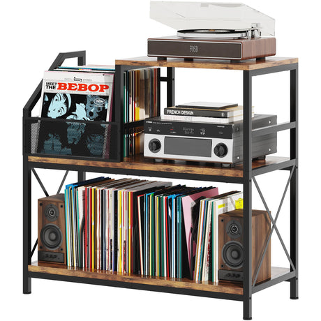 Record Player Stand, Turntable Stand with 3 Adjustable Divider Holds up to 300 Albums, Vintage Record Player Table with Vinyl Record Holder, Record Cabinet for Living Room, Bedroom, Office Homeiju
