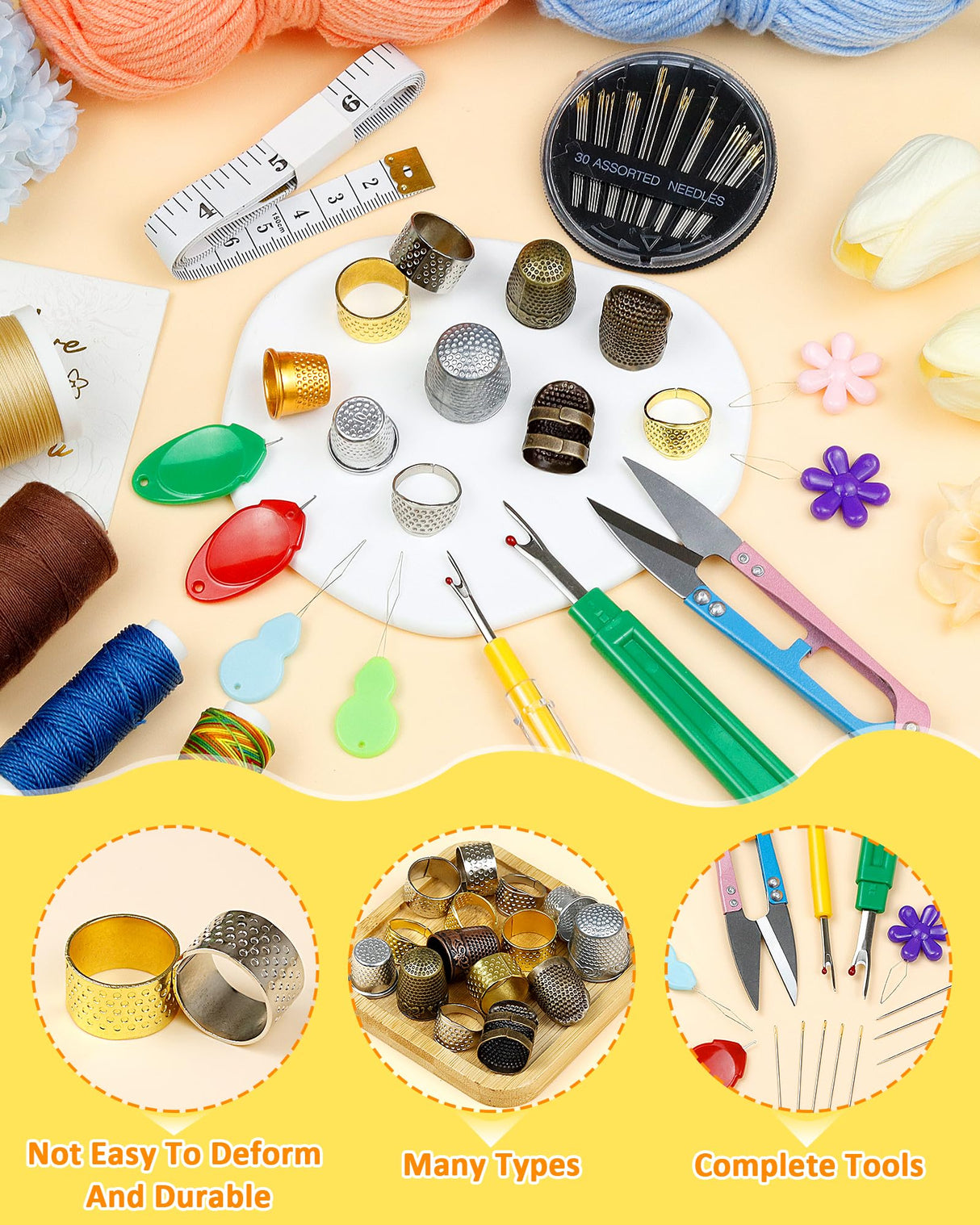 FIVEIZERO Thimble Kit– Sewing Thimbles for Hand Sewing, Metal Finger Protectors, Thimble Ring for Quilting, Includes Needle Threader, Embroidery Needles, Seam Ripper, Measuring Tape and Thread Snips FIVEIZERO