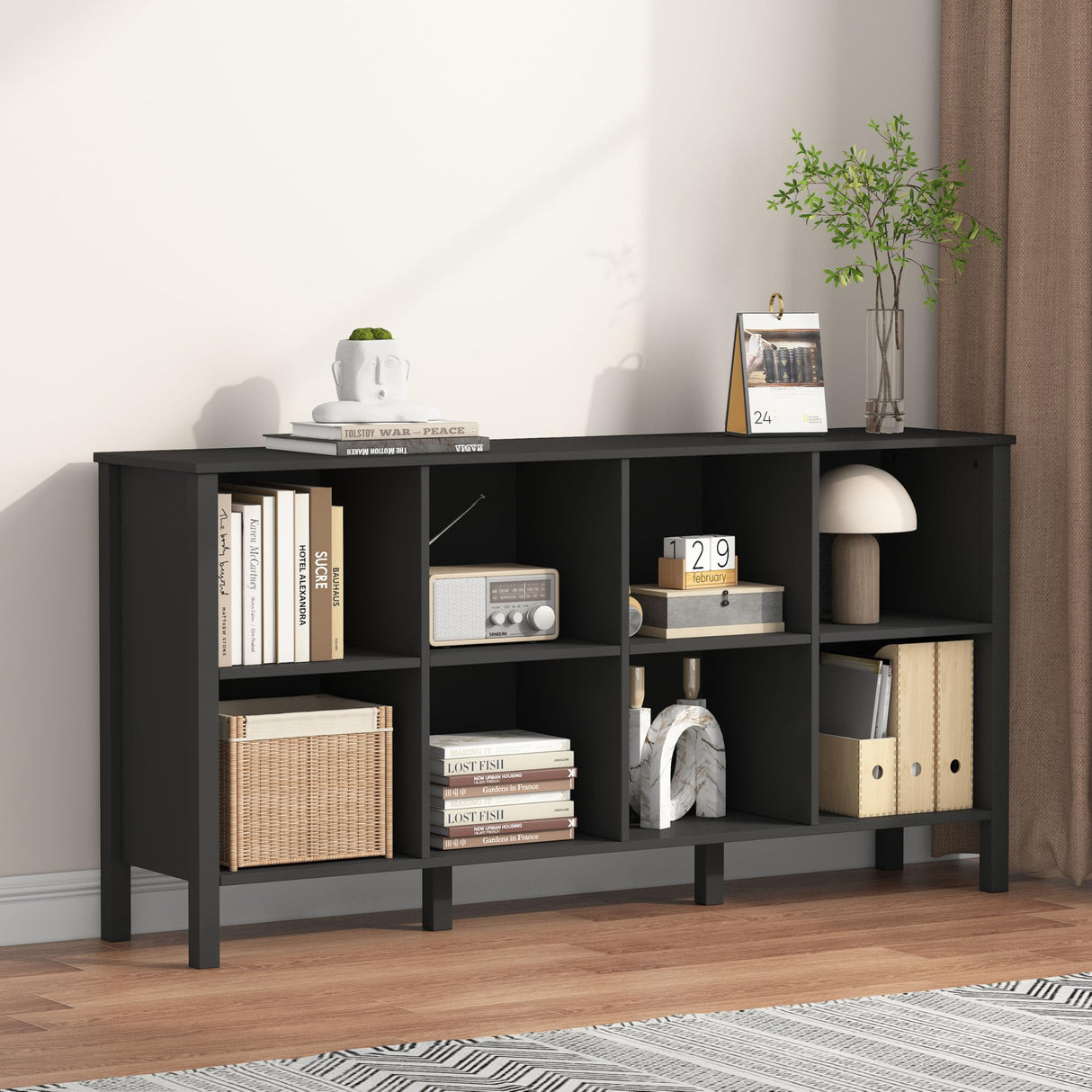 NewBeth 8-Cube Bookcase, Farmhouse Wooden Bookshelf Low Storage Organizer, 59" Horizontal Black Console with Legs, Hallway Book Case for Entryway, Display Cabinet for Living Room (Black, 8-Cube) NewBeth