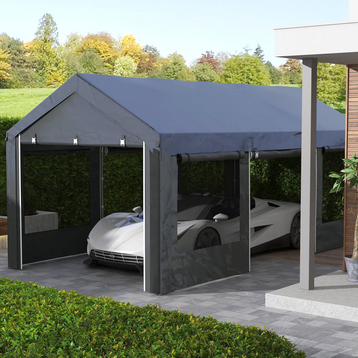 Outsunny Carport 10' x 20' Portable Garage, Height Adjustable Heavy Duty Car Port Canopy with 4 Ventilated Windows & 4 Roll-up Doors for Garden Tools, Car, Truck, Boat, Dark Gray Outsunny