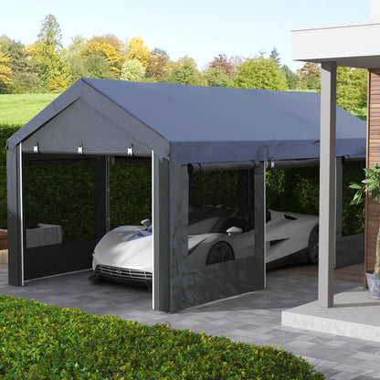 Outsunny Carport 10' x 20' Portable Garage, Height Adjustable Heavy Duty Car Port Canopy with 4 Ventilated Windows & 4 Roll-up Doors for Garden Tools, Car, Truck, Boat, Dark Gray