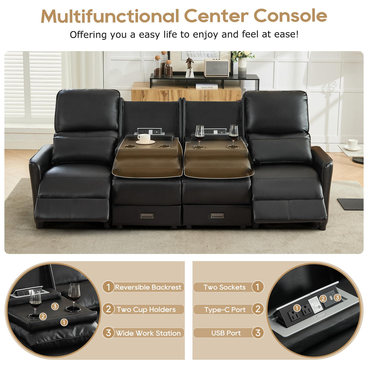 DRMBOOK 96'' RV 4 Seater Recliner Sofa, Faux Leather Three Camper Couch 4 Seater Recliner, Home Movie Theater Seating Chair, 4 Person Push Back Recliners for Living Room, Black DRMBOOK
