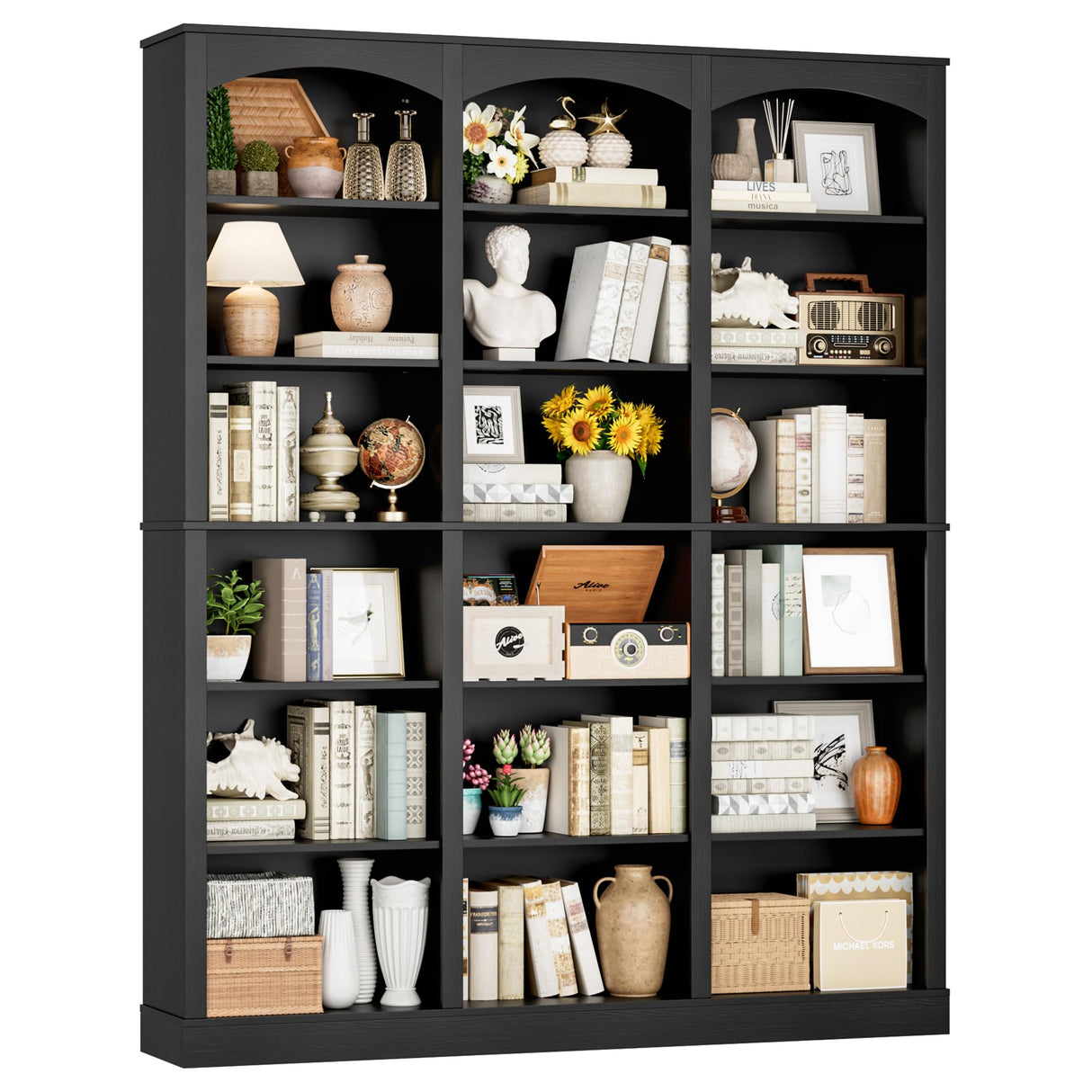 FACBOTALL 71" Triple Wide Bookshelf, 6 Tier Tall Bookshelf, Large Book Shelf with Curved Baffle, 63.4" Wide Bookcase with 18 Open Display Shelves for Living Room, Study, Black FACBOTALL