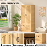 Wood Armoire Wardrobe Closet with Doors, Fluted Wardrobe Cabinet with 3 Drawers, Large Armoire Closet, Tall Clothing Storage Cabinet with Hanging Rod and Shelves, for Bedroom, Laundry, Natural Jluomei