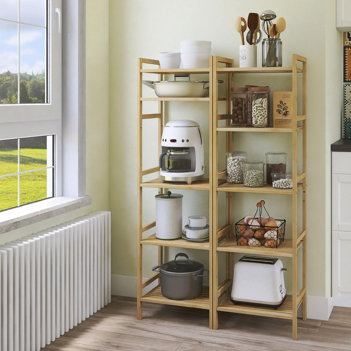 HITNET Tall Narrow Bookshelf, 5 Tier Bathroom Shelf Bamboo, Floor Standing Display Storage Organizer for Small Space, Adjustable Shelves, Natural Wood Bookcase HITNET