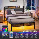 Full Bed Frame with Storage Charging Station Headboard, Smart LED Light, Metal Platform Bed No Box Spring Required, Easy Assembly, Noise Free Liians