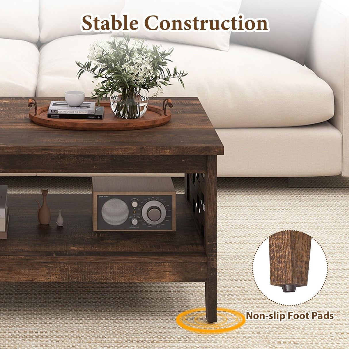Giantex Farmhouse Coffee Table, 2-Tier Center Table with Storage Open Shelf & Woven Slatted Design, 39.5" Rectangular Accent Cocktail Table, Wood Coffee Tables for Living Room (Rustic Brown) Giantex