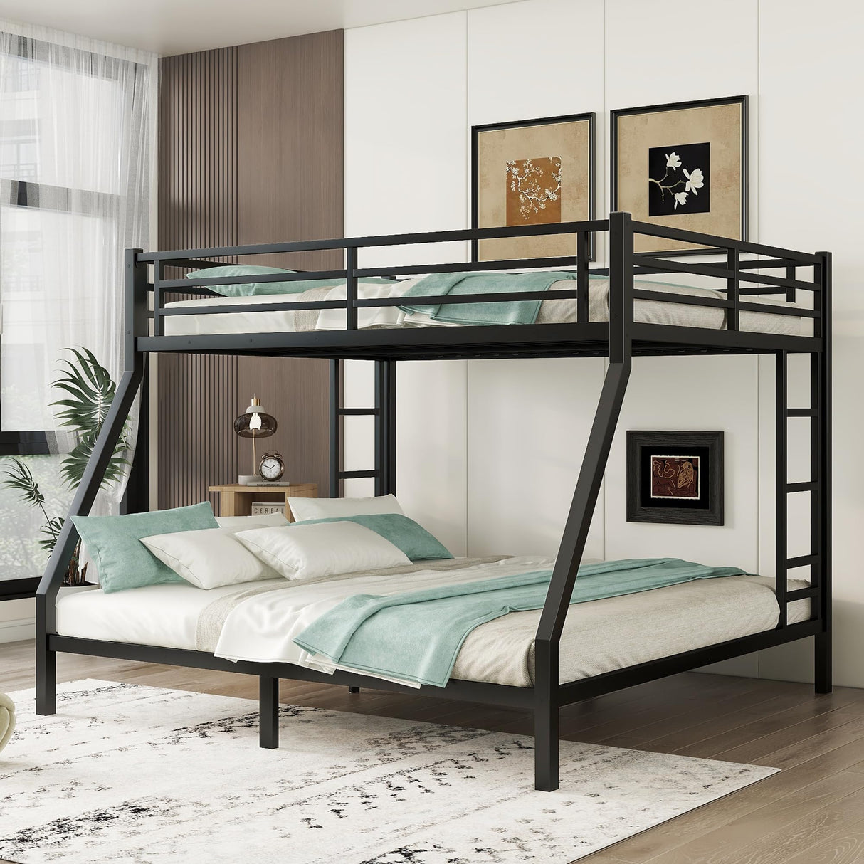 HZXINKEDZSW Metal Queen Over King Bunk Bed with 2 Side Ladder and Guardrails, Heavy Duty Metal Bunk Bed Frame with Underbed Storage Space for Teens Adults, No Box Spring Needed (Black, Queen/King) HZXINKEDZSW