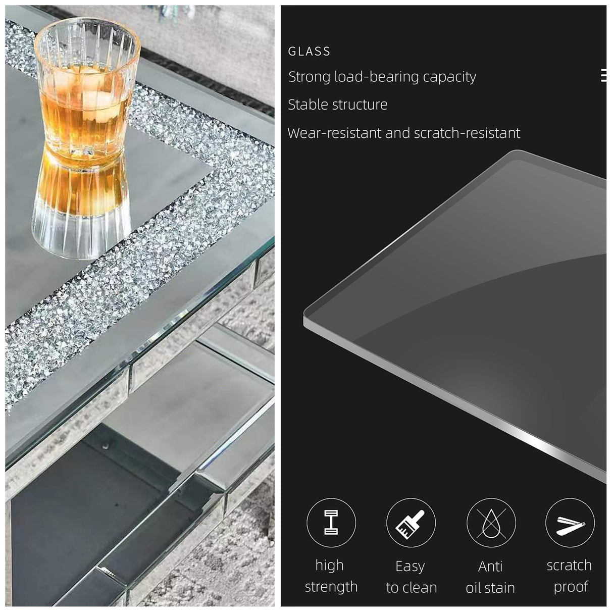 Olodumare Elegant 2 Tiers of Shiny Silver Mirrored Coffee Table, Crystals Inlay,and Stainless Steel Frame,Modern Rectangle Cocktail Table/End Table for Living Room and Kitchen, 35 Inches Olodumare