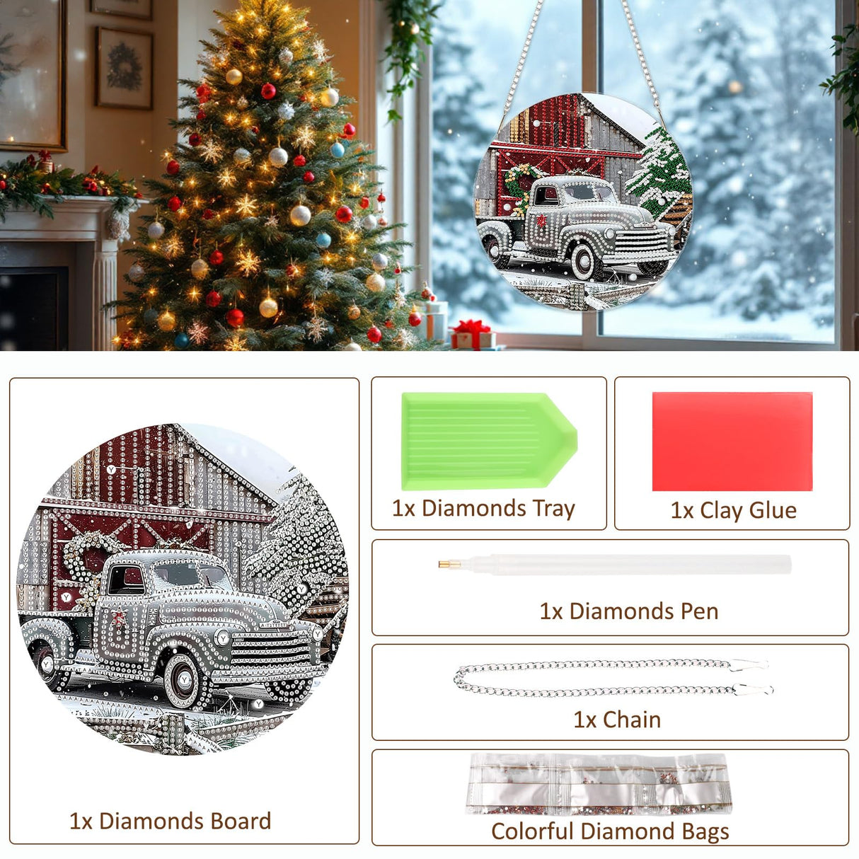 SENQAO Christmas Diamond Art Hanging Kits for Adults Kids, Farmhouse Truck Diamond Art Suncatchers, 5D Special Shape Diamond Painting Pendant Window Ornament Gifts for Home Door Wall Decor SENQAO