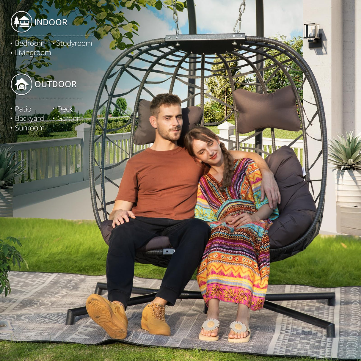 NICESOUL Double Egg Swing Chair with Stand, Oversized 2-Person Indoor Outdoor Hanging Hammock Chairs with Cushion, Wide and Large Comfy Loveseat, 700lbs Sturdy Porch Swings for Outside, Dark Gray NICESOUL