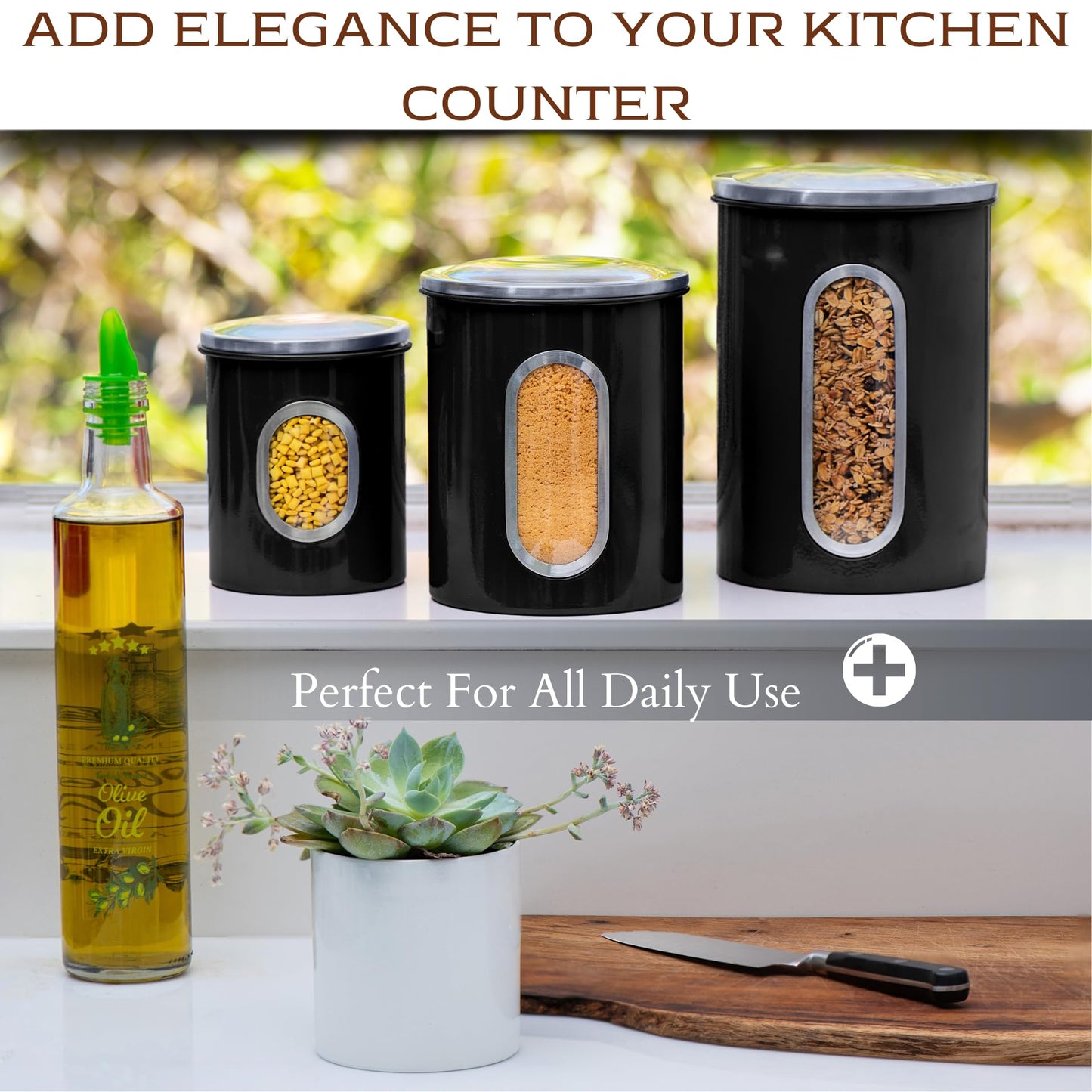 Moss & Stone 3 Piece Black Canisters Sets For The Kitchen, Airtight Canister Set With See Through Window, Airtight Coffee Container, Tea Organizer & Sugar Canisters, Black Kitchen Canisters Set of 3