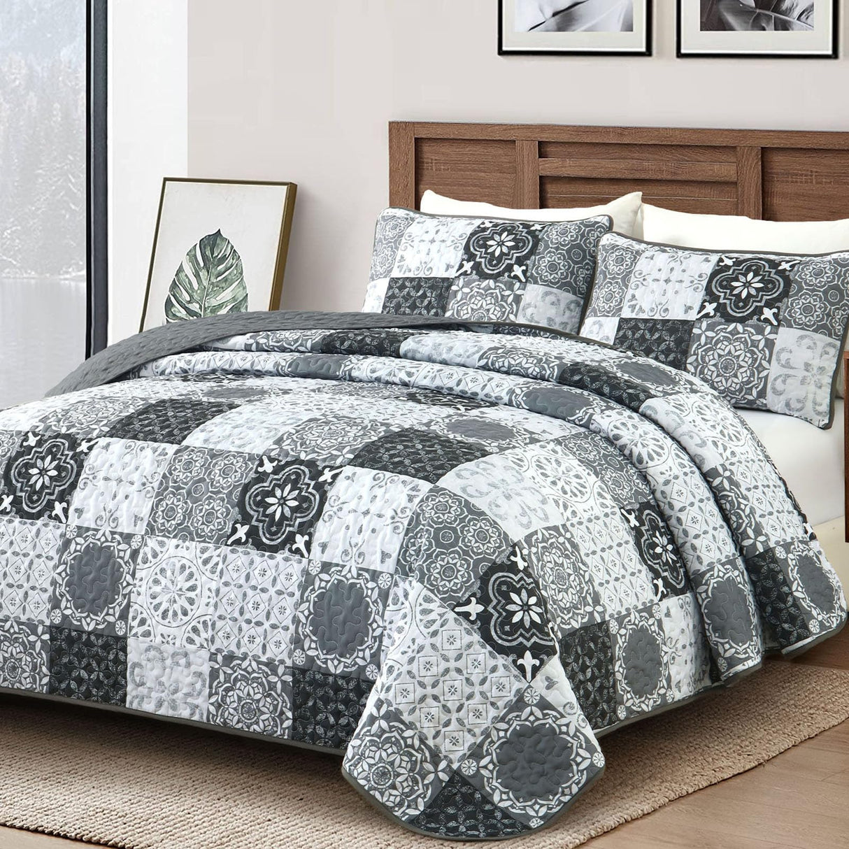 Dobuyly Grey Black Quilt Set Queen Size, Boho Plaid Patchwork Bedspreads Coverlet Set, 3 Pieces Soft Lightweight Microfiber Farmhouse Quilt Bedding Set for All Seasons 96"x90" Dobuyly