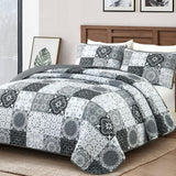Dobuyly Grey Black Quilt Set Queen Size, Boho Plaid Patchwork Bedspreads Coverlet Set, 3 Pieces Soft Lightweight Microfiber Farmhouse Quilt Bedding Set for All Seasons 96"x90" Dobuyly