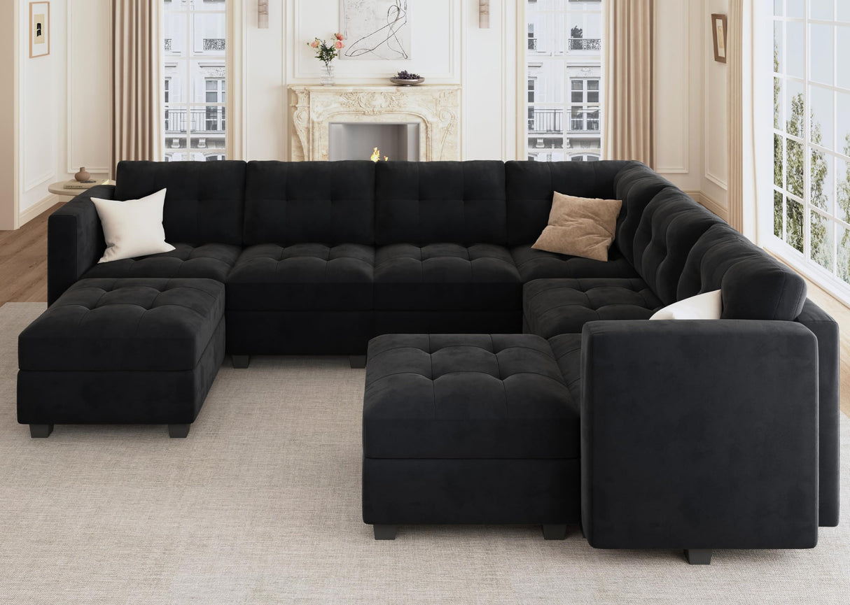 HONBAY Modular Sectional Sofa with Storage Ottomans Oversized U Shaped Couch with Chaises 8-Seater Sectional Sofa for Living Room, Black HONBAY