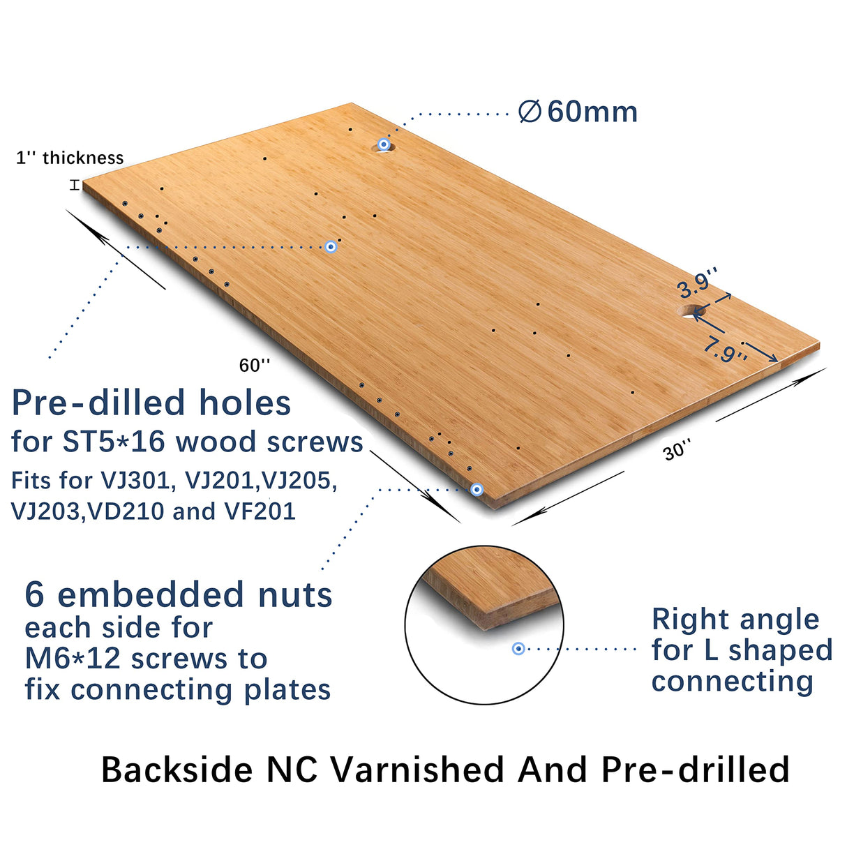 VWINDESK 60 x 30 x 1 Inch 100% Solid Bamboo Desk Table Top Only,for Standing Desk Home Office Desk with 60mm Grommets(Right Angle) VWINDESK