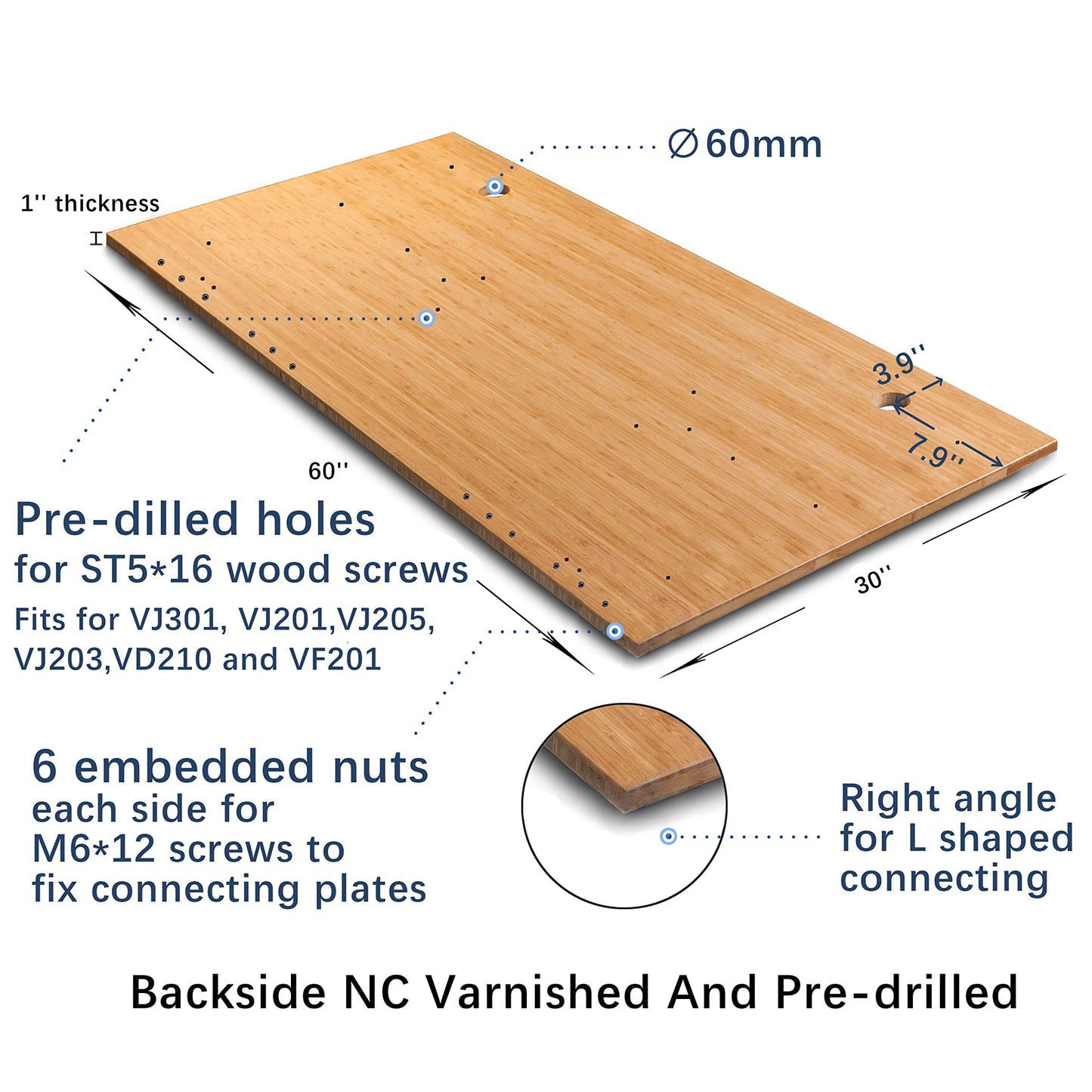 VWINDESK 60 x 30 x 1 Inch 100% Solid Bamboo Desk Table Top Only,for Standing Desk Home Office Desk with 60mm Grommets(Right Angle)